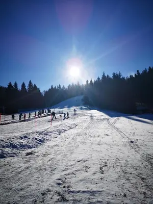 a group of people skiing on a snow covered slope at Apartmajsko naselje Ribniško Pohorje in Ribnica na Pohorju