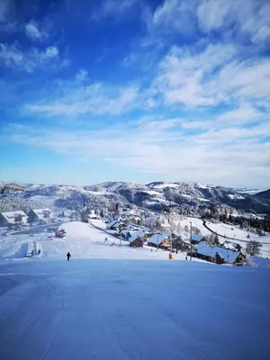 a person is skiing down a snow covered slope at Apartmajsko naselje Ribniško Pohorje in Ribnica na Pohorju