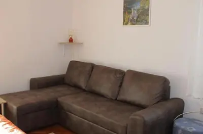 a brown couch sitting in a living room at Apartments Rozi in Bovec