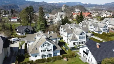 an aerial view of a residential neighborhood with houses at Apartments Agenija Bled in Bled