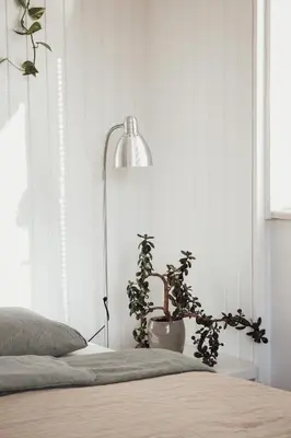 a bedroom with a bed with a lamp and a plant at Rural Carniola fairytale in Križe