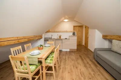 a kitchen and dining room with a table and chairs at TriSa apartments Bohinj in Bohinj