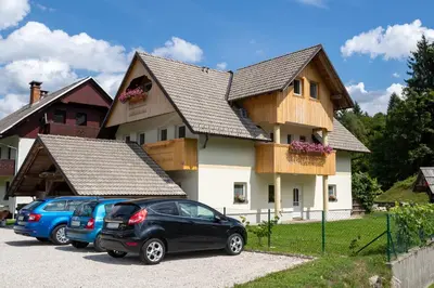 a house with two cars parked in front of it at TriSa apartments Bohinj in Bohinj