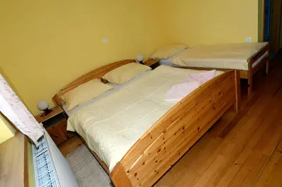 two twin beds in a room with wooden floors at Apartment House Koprivnik in Zreče