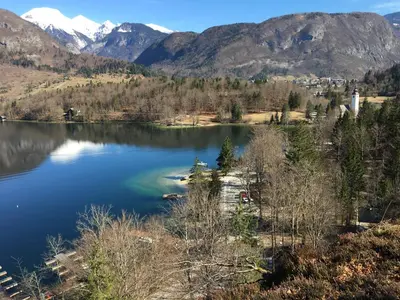 a view of a lake with mountains in the background at Apartma NEVA in Bohinj