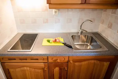a kitchen counter top with a sink and a sink at Apartma Marjetica 2 in Moravske Toplice