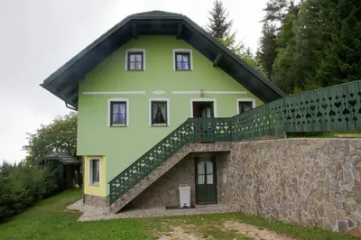a green house with a stone retaining wall at Apartment Sara in Vitanje