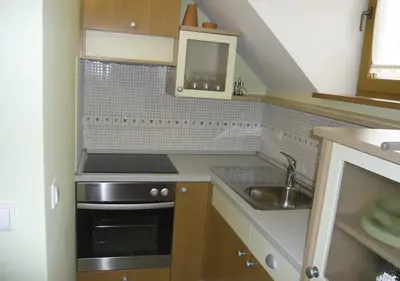 a small kitchen with a sink and a stove at Apartmaji Hribar Pr'Ostank in Kamnik