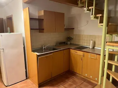 a small kitchen with a sink and a refrigerator at J-Max in Bled
