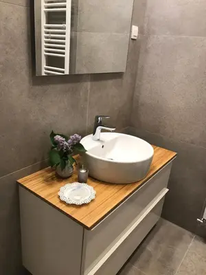 a bathroom with a white sink on a wooden counter at Street Flat in Ljubljana