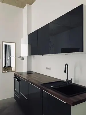 a kitchen with black cabinets and a sink at Street Flat in Ljubljana