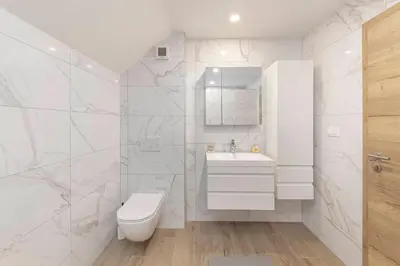 a white bathroom with a toilet and a sink at Apartmaji Seljak in Preddvor