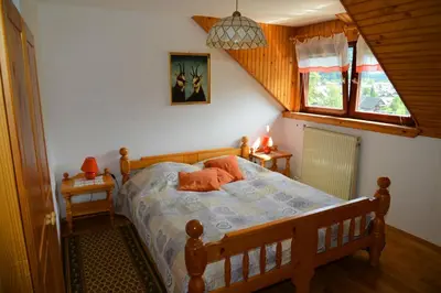a bedroom with a bed with a blue comforter at Apartmaji Rabič in Bohinj