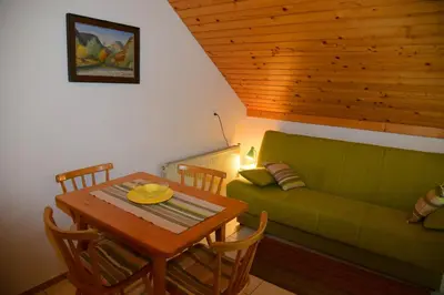 a living room with a green couch and a table at Apartmaji Rabič in Bohinj