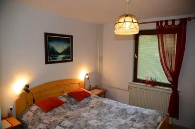 a bedroom with a bed and a window and a lamp at Apartmaji Rabič in Bohinj