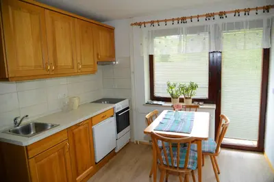 a kitchen with wooden cabinets and a table with chairs at Apartmaji Rabič in Bohinj