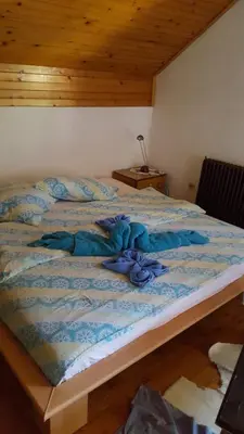 a bed with a blue blanket on top of it at Farm stay Majdač in Solčava