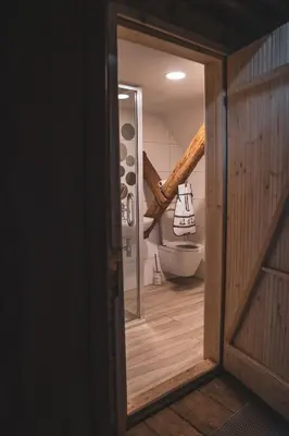 an open door to a bathroom with a toilet and a window at Učni ranč Bohinj, Boutique Horse-Friendly Retreat in Bohinj