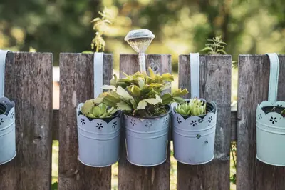 a fence with four pots of plants on it at Učni ranč Bohinj, Boutique Horse-Friendly Retreat in Bohinj