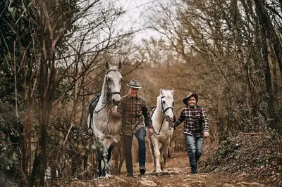 a man and a boy walking two horses on a trail at Tmbin's barn - nature, horses, family in Sežana