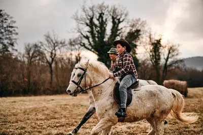 two children riding on a horse in a field at Tmbin's barn - nature, horses, family in Sežana