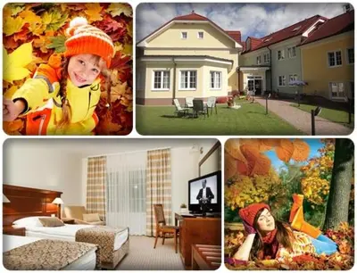 a collage of pictures of a house with a child in a room at Hotel Cateski Dvorec in Čatež ob Savi