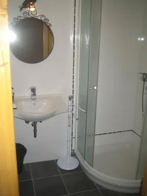 a bathroom with a sink and a shower at Guesthouse Stari Tišler in Ljubljana