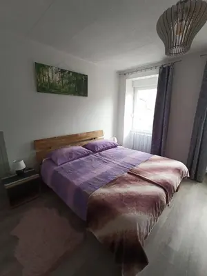 a bedroom with a large bed with purple sheets and a window at Apartment Nevela in Bovec