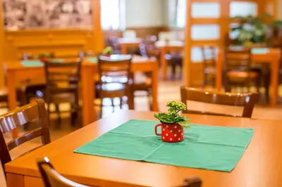 a table with a green napkin and a cup with a plant on it at Guesthouse Beno in Starše