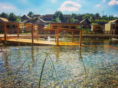 a wooden bridge over a body of water at Glamping SUN VALLEY Bioterme in Mala Nedelja
