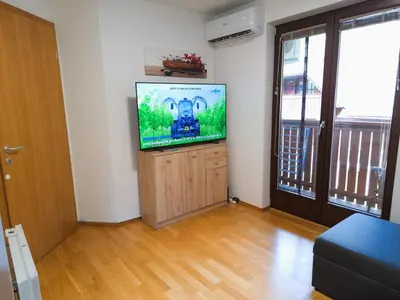a living room with a flat screen tv on a wall at Apartma Manca in Kranjska Gora
