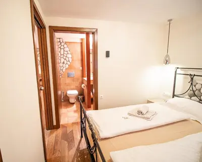 a room with two beds and a bathroom with a toilet at Vila Triglav on Pokljuka in Goreljek