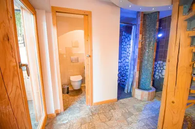 a bathroom with a shower and a toilet in it at Vila Triglav on Pokljuka in Goreljek