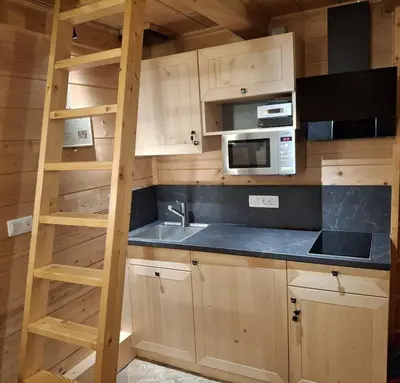 a kitchen with wooden cabinets and a ladder at Vila Triglav on Pokljuka in Goreljek