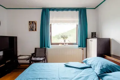 a bedroom with a bed with blue sheets and a window at Green Point in Preserje