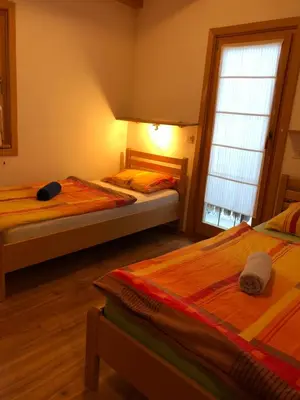 a bedroom with two beds and a window at Apartmaji Zlata Lisička in Cerkno