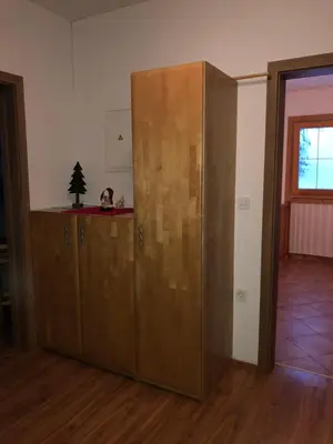 a large wooden cabinet in a room with a door at Apartmaji Zlata Lisička in Cerkno