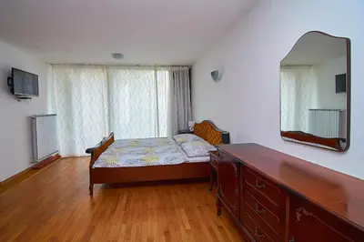 a bedroom with a bed and a dresser and a mirror at Emona Apartments in Ljubljana