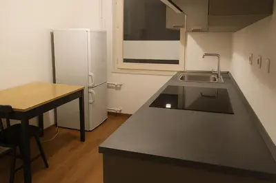 a kitchen with a counter top and a refrigerator at Emona Apartments in Ljubljana