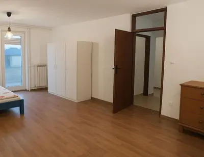 an empty room with a bed and a mirror at Emona Apartments in Ljubljana