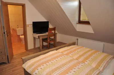 a bedroom with a bed and a desk with a television at Bed & Breakfast Pr'Sknet in Šenčur