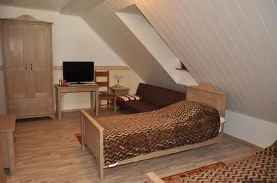 a bedroom with a bed and a couch in a room at Bed & Breakfast Pr'Sknet in Šenčur