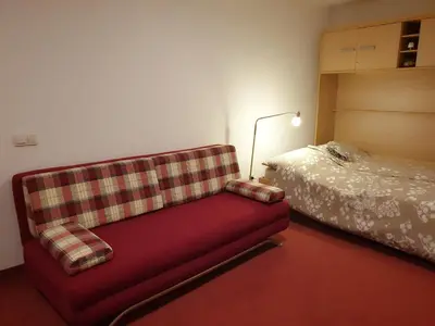 a living room with a couch and a bed at Red Rose Apartment in Moravske Toplice