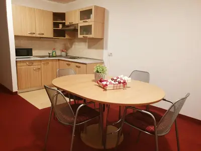 a kitchen with a wooden table and chairs at Red Rose Apartment in Moravske Toplice