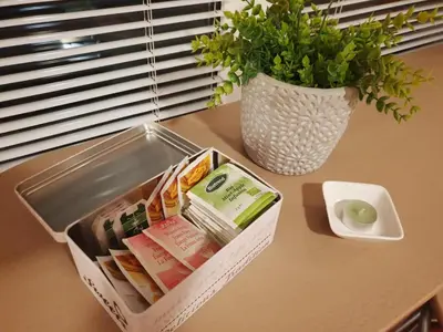 a table with a container of food and a potted plant at Red Rose Apartment in Moravske Toplice