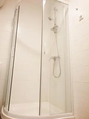 a shower with a glass door in a bathroom at Red Rose Apartment in Moravske Toplice