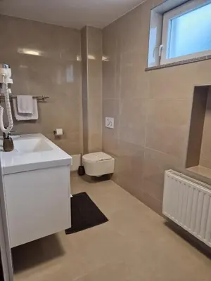 a bathroom with a sink and a toilet and a window at Patricia House in Ljubljana