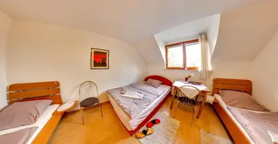 a room with two beds and a table in it at Hostel Piero in Ljubljana