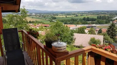 a balcony with a flower pot on a wooden railing at Gnezdo Vid-ik in Čatež ob Savi