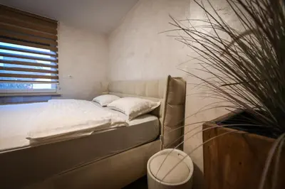 a bedroom with a bed and a potted plant at Apartments in Villa Olimp in Ljubljana